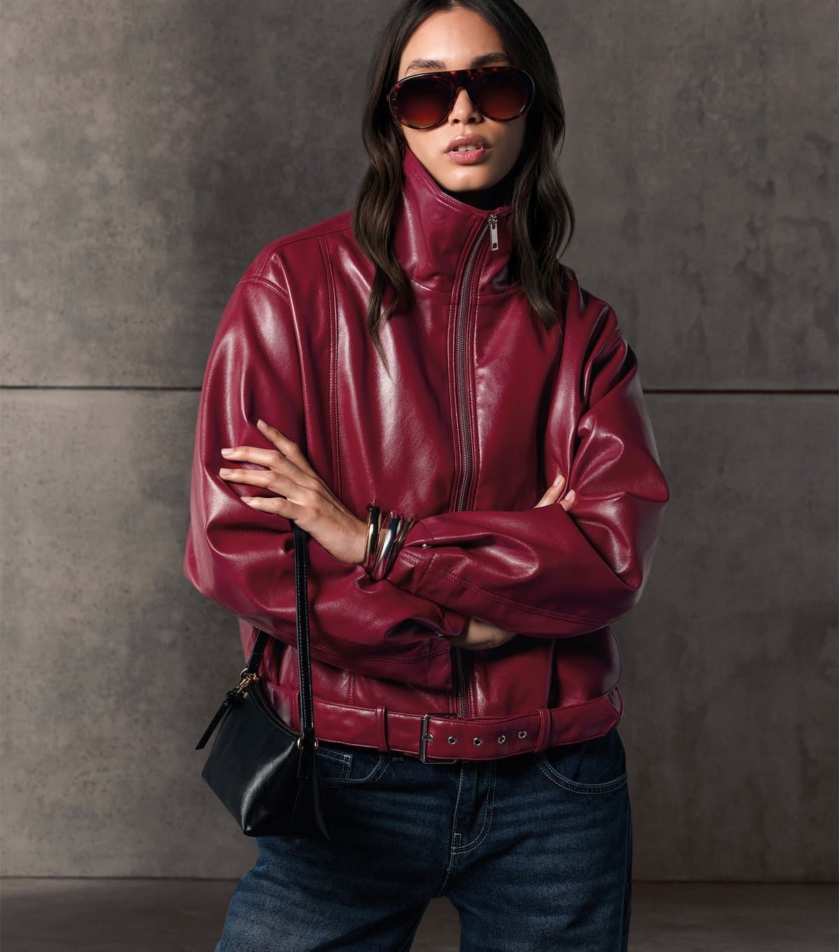 New Look Women's Dark Red Faux Leather Buckle Hem Funnel Neck Jacket New Look