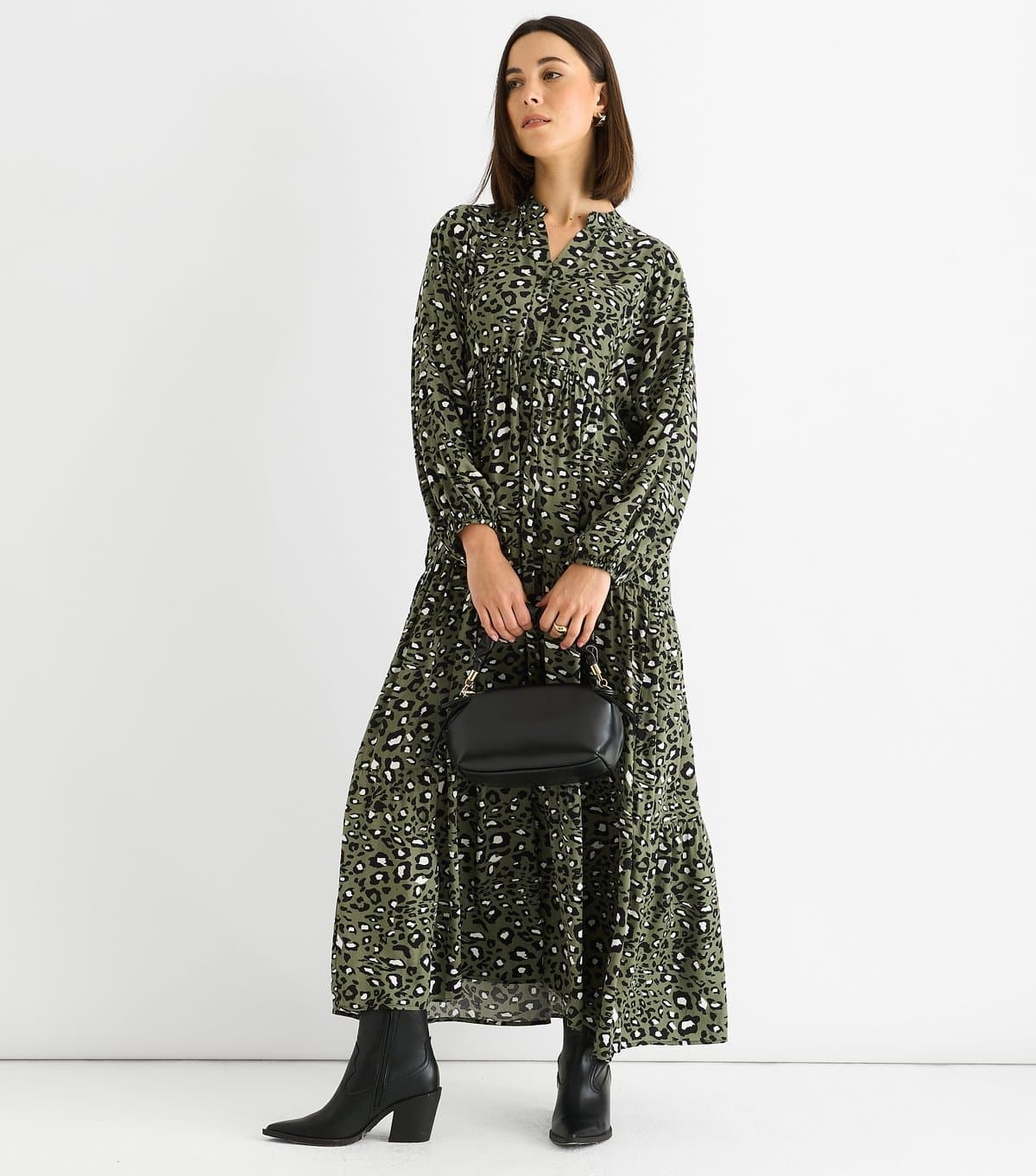 Gini London Women's Light Khaki Animal Print Tiered Midi Dress Gini London New Look