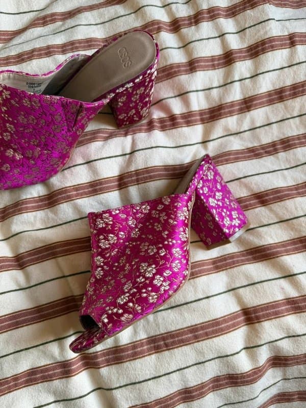 ASOS Y2K style satin floral pink mules