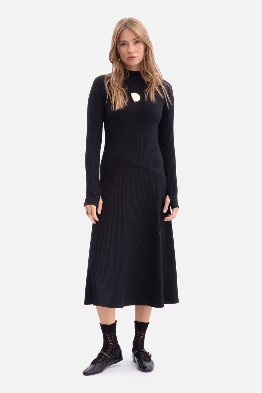 Love Lace Love Lace Women's Ribbed Midi Bodycon Dress with Stand Collar in Black