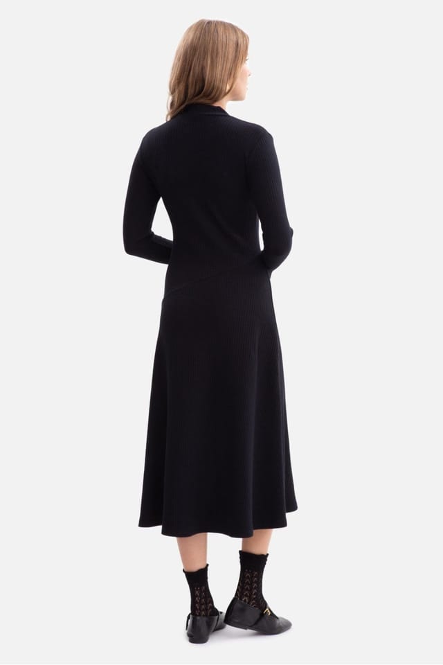 Love Lace Love Lace Women's Ribbed Midi Bodycon Dress with Stand Collar in Black - 2