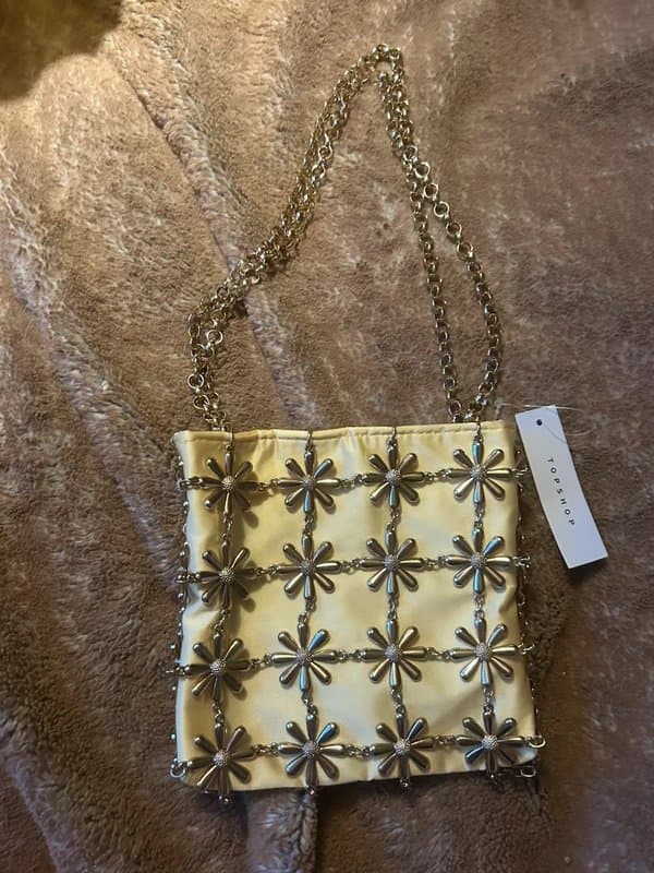 Topshop pale yellow bag with gold flower details
