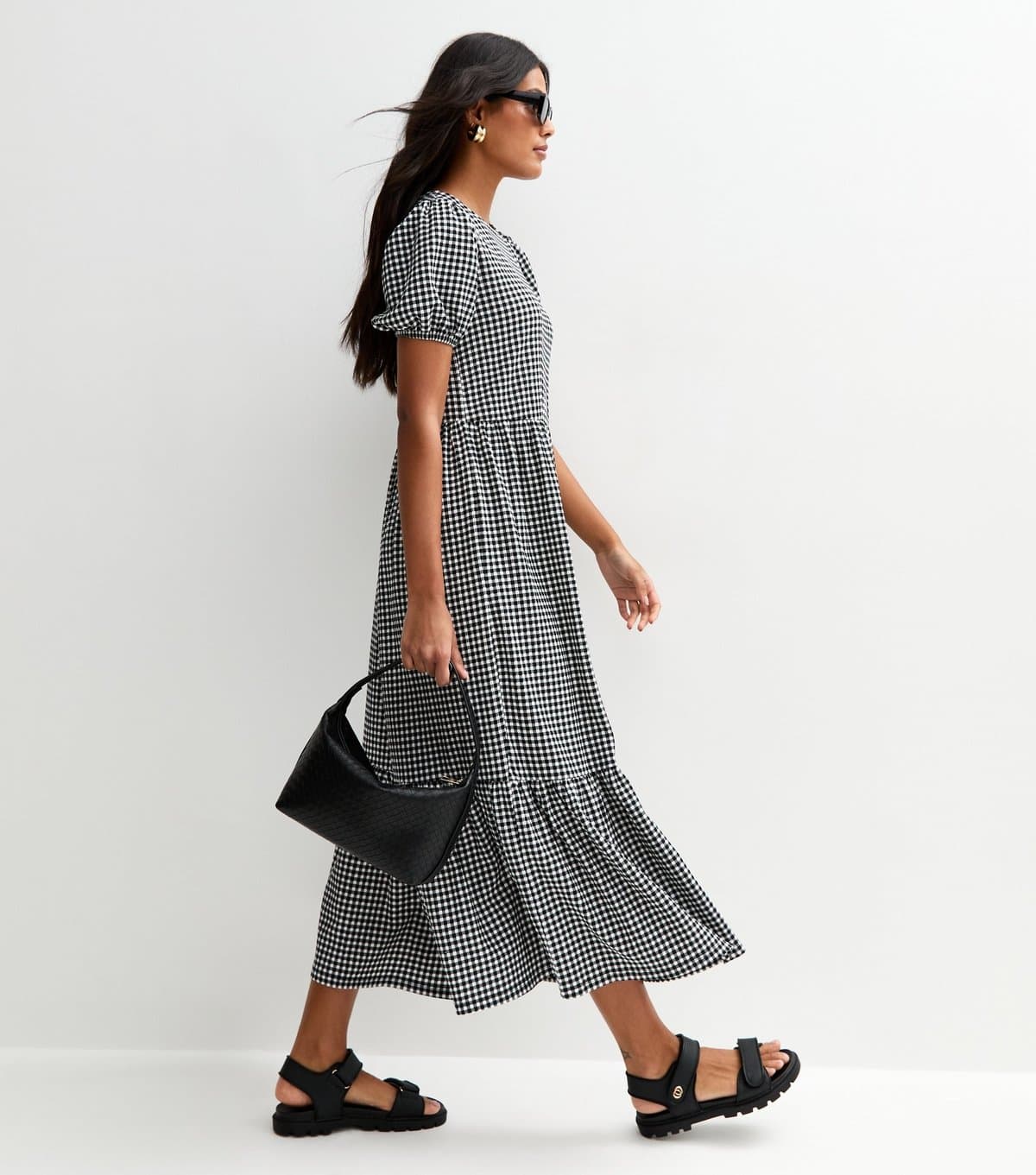 New Look Women's Black Jersey Gingham Check Bow Back Midi Dress New Look