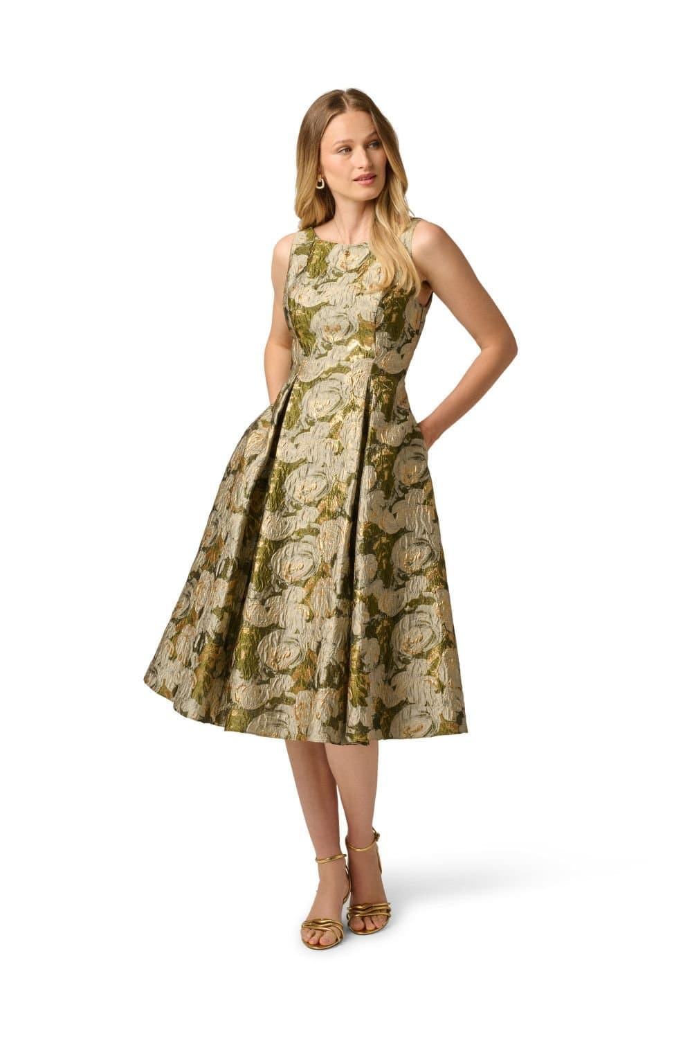 Adrianna Papell Adrianna Papell Women's Boat Neck Jacquard Midi Dress in Green