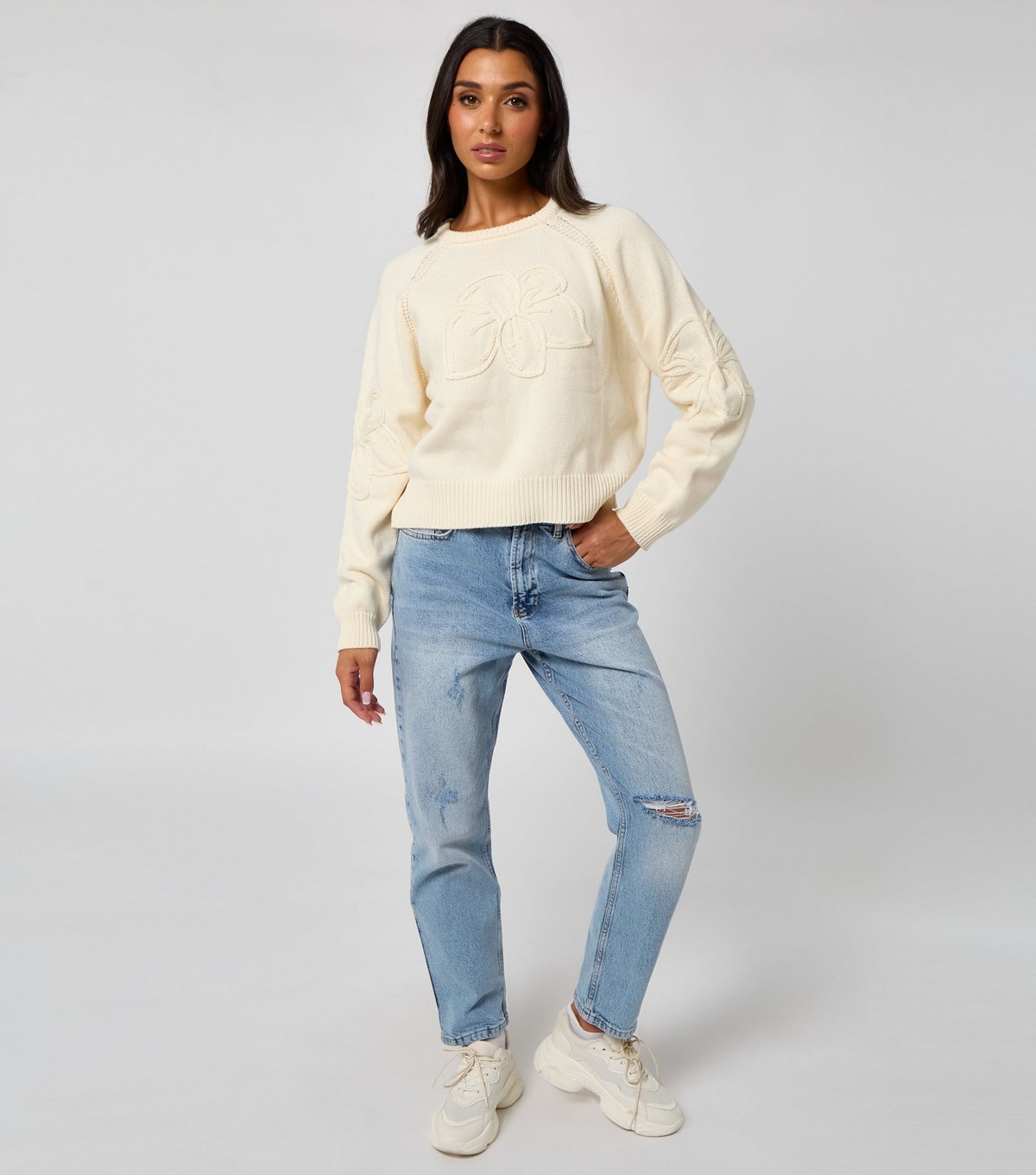 Urban Bliss Women's Cream Crochet Embroidered Raglan Jumper Urban Bliss New Look - 3