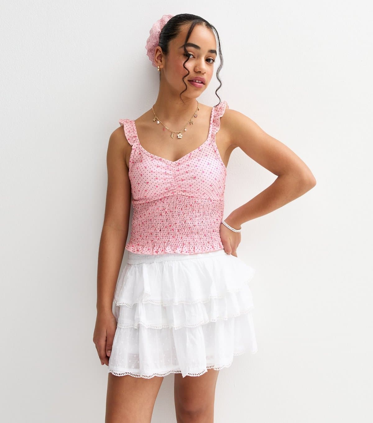 New Look Girls' Pink Floral Print Shirred Cami Top New Look