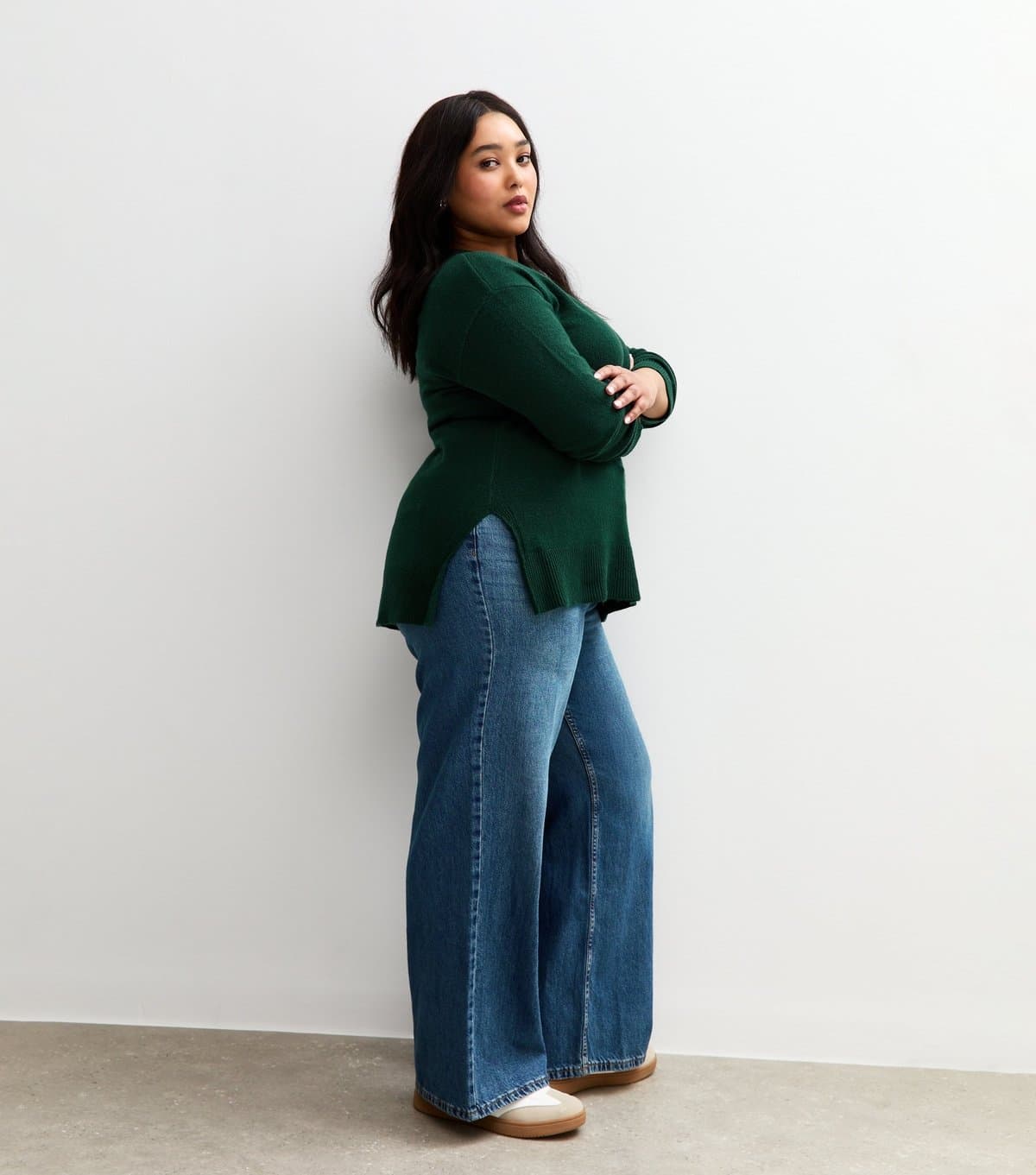New Look Women's Plus Size Green Crew Neck Split Hem Jumper Curves New Look