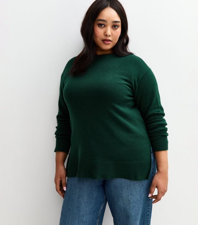 New Look Women's Plus Size Green Crew Neck Split Hem Jumper Curves New Look - 2