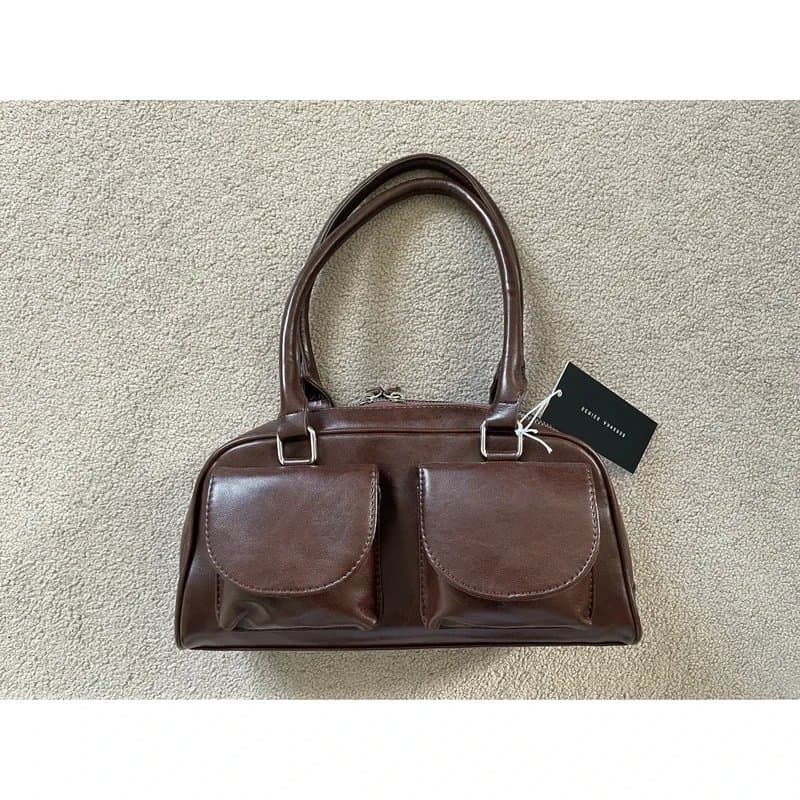 Bershka Bershka Chocolate Brown Faux Leather Pocket Top Handle Shoulder Bowling Bag New