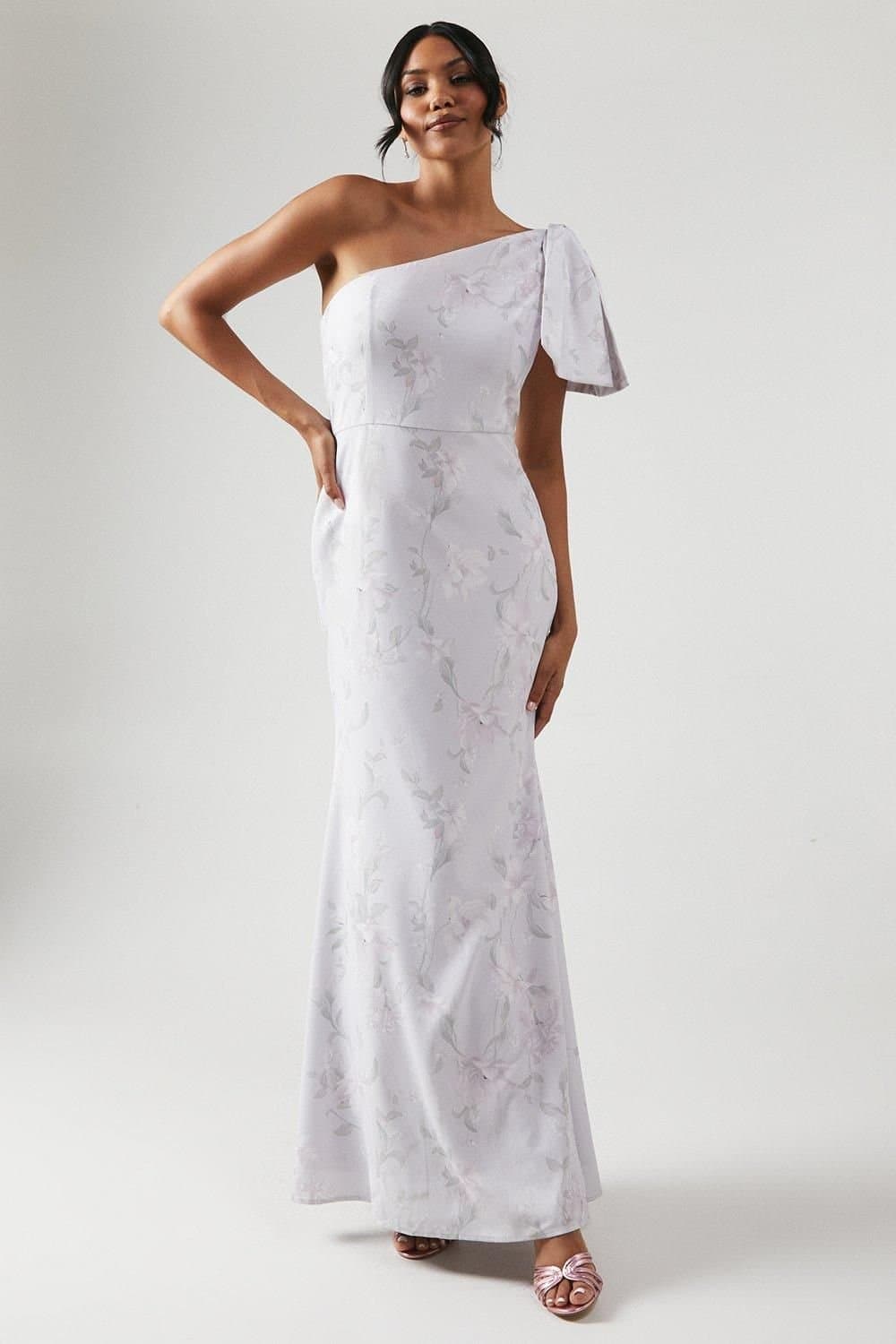 Coast Coast Women's Printed Bow One Shoulder Bridesmaid Dress in Lilac Haze