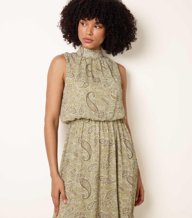 Blue Vanilla Women's Khaki Paisley Print High Neck Midi Dress Blue Vanilla New Look - 3