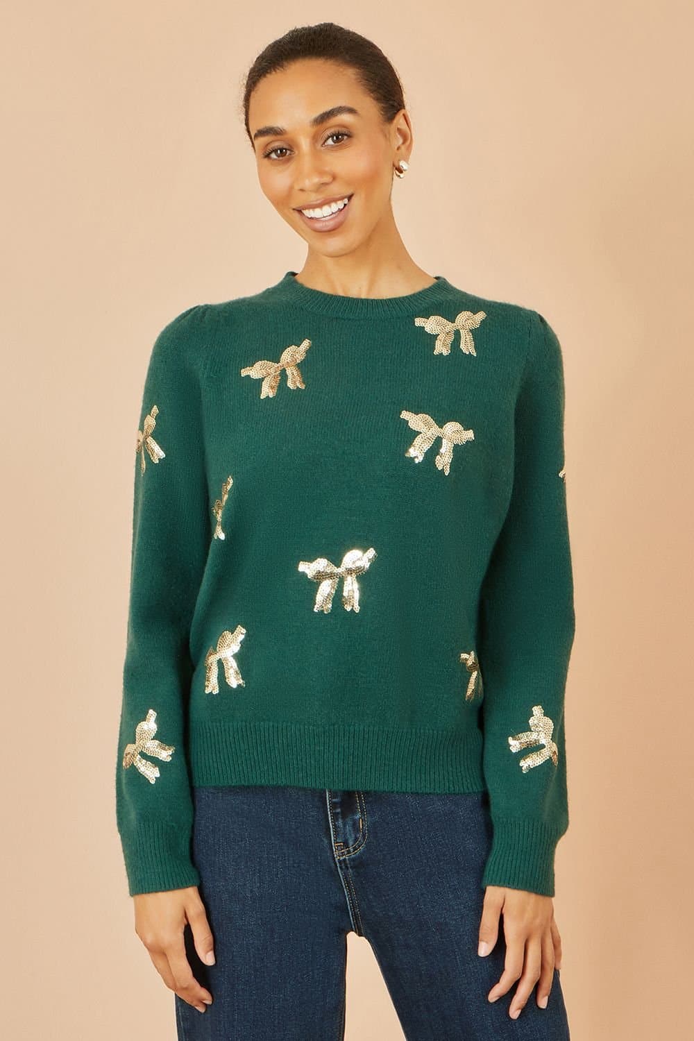 Yumi Yumi Women's Green Sequin All Over Applique Bow Knitted Jumper