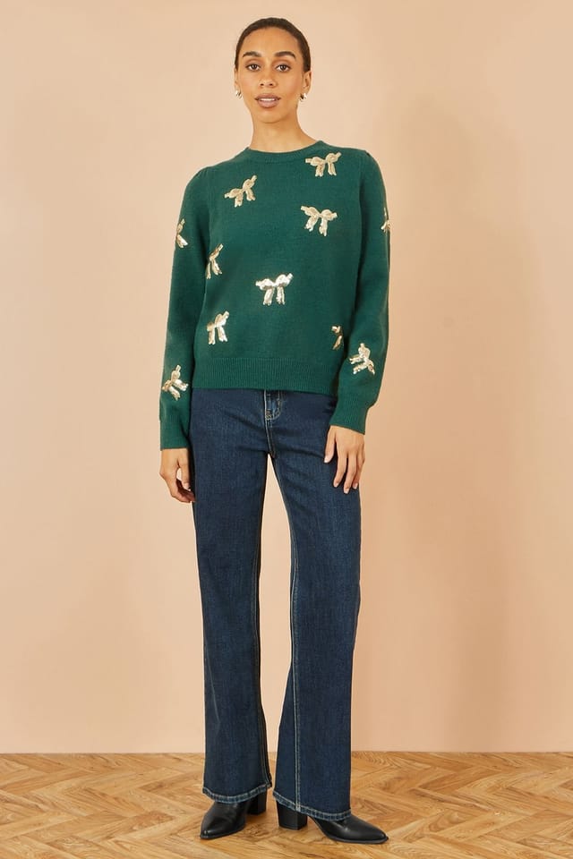 Yumi Yumi Women's Green Sequin All Over Applique Bow Knitted Jumper - 3