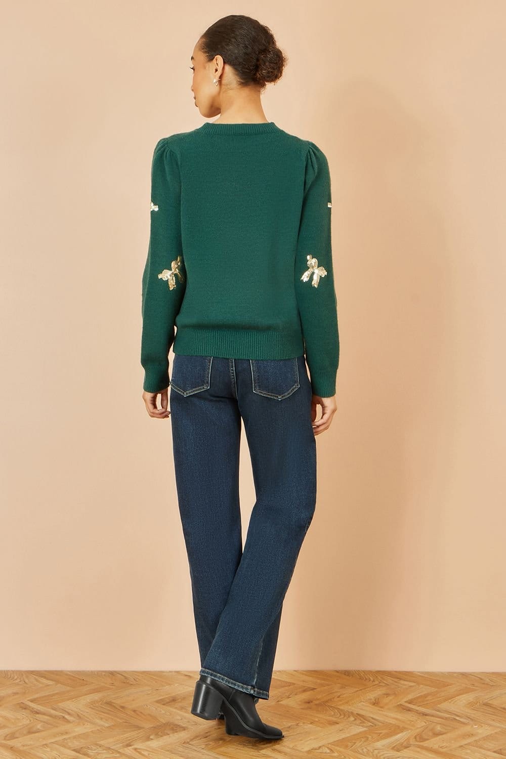 Yumi Yumi Women's Green Sequin All Over Applique Bow Knitted Jumper - 4