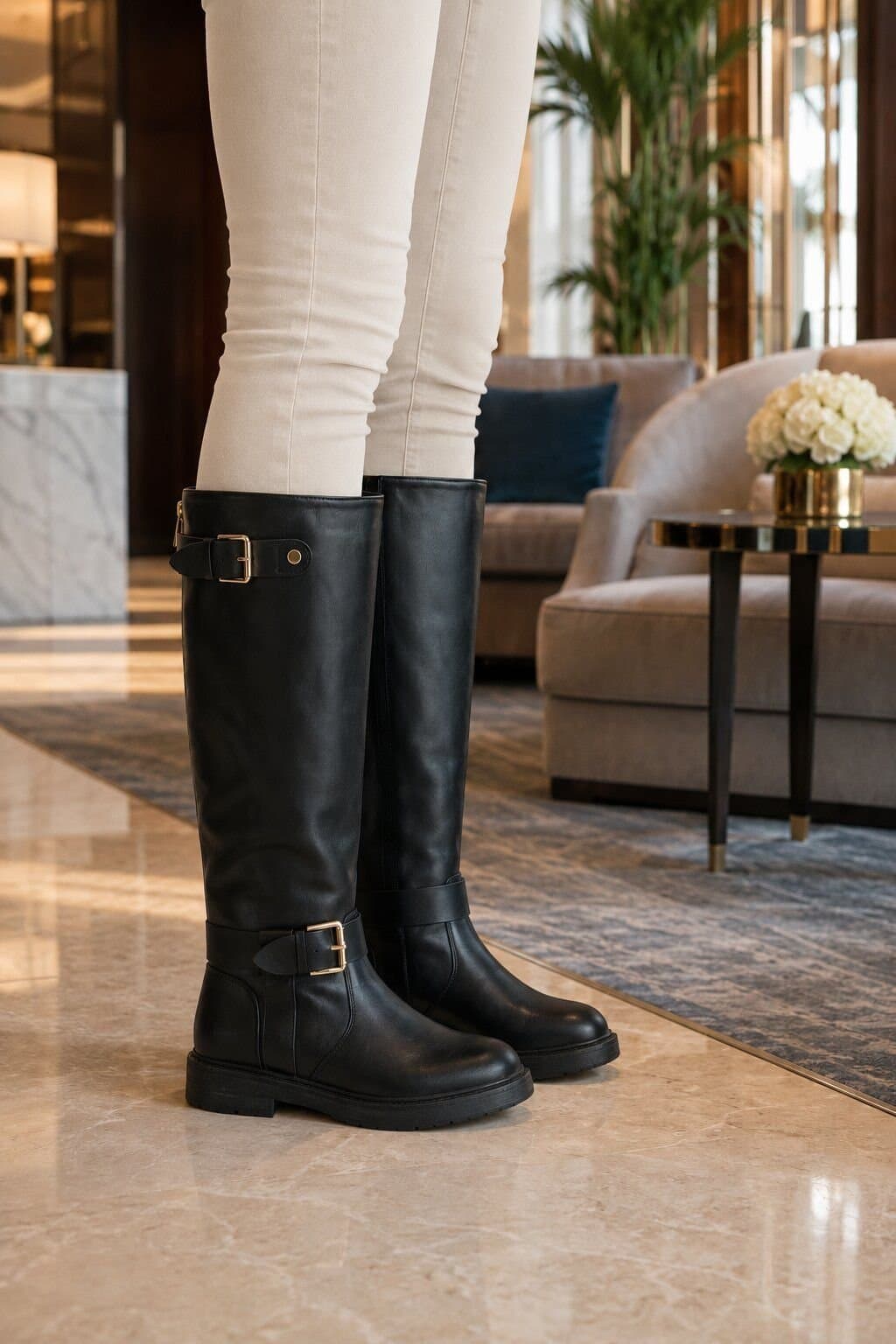 Truffle Collection Truffle Collection Women's Zip Knee Boots Black Polyurethane Round Toe Block Heel Shoes
