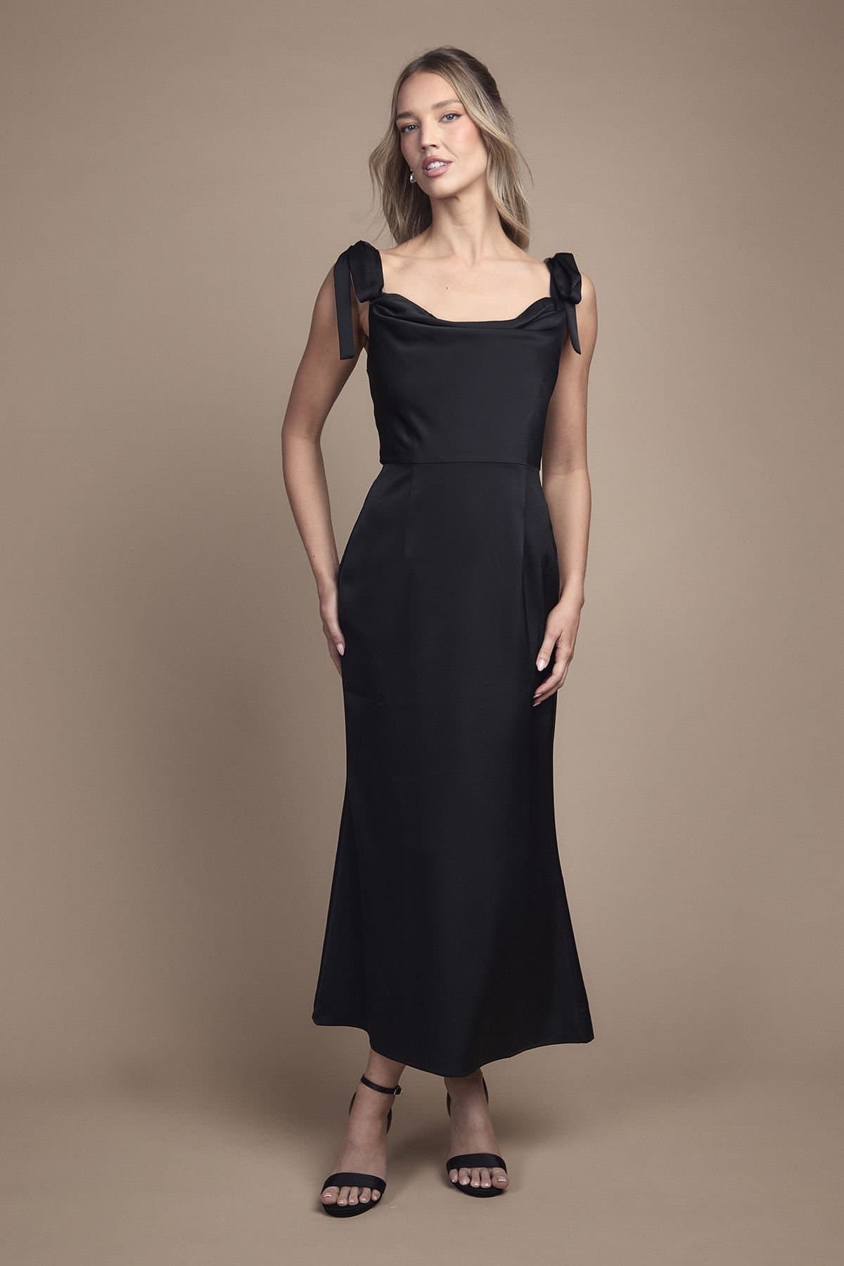 Oasis Oasis Women's Satin Tie Shoulder Cowl Front Midi Bridesmaid Dress in Black Black