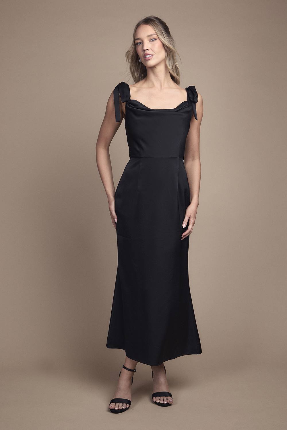 Oasis Oasis Women's Satin Tie Shoulder Cowl Front Midi Bridesmaid Dress in Black Black - 2