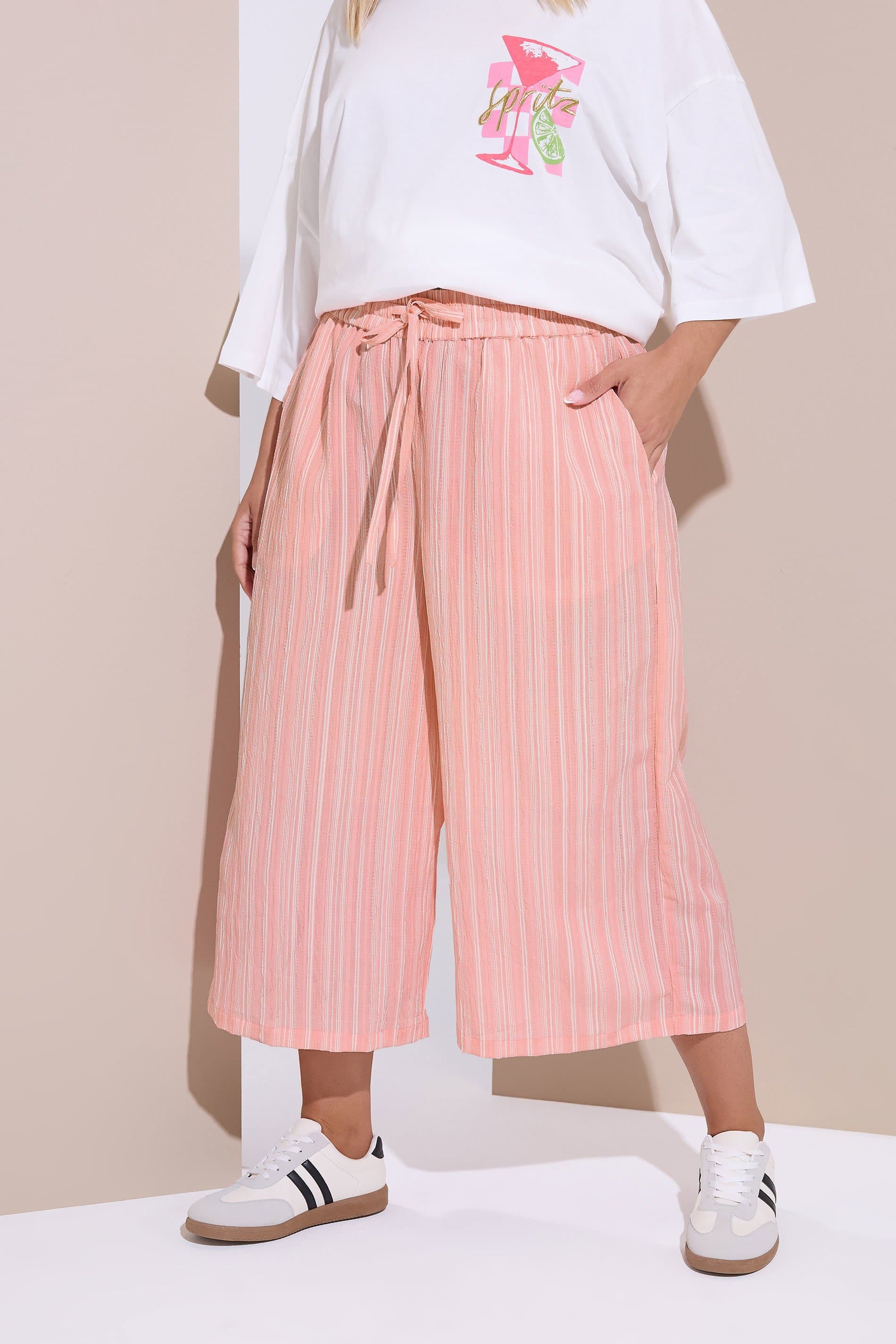 Yours Plus Size Pink Stripe Textured Cropped Trousers