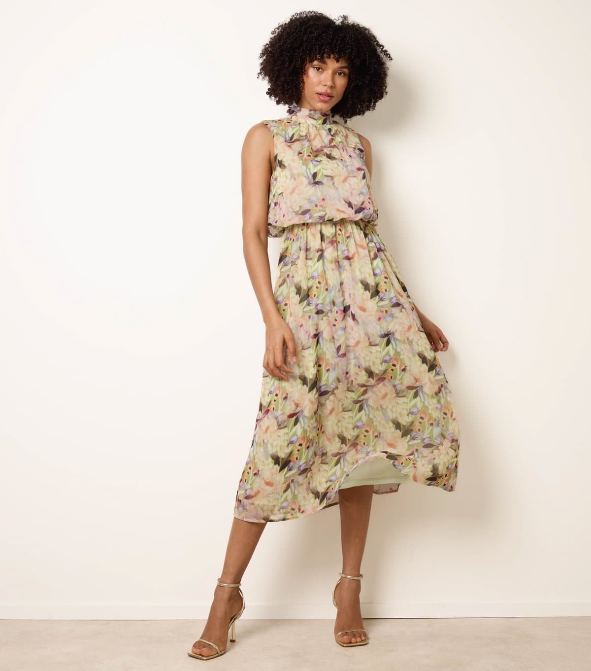 Blue Vanilla Women's Green Floral Print Puffball Waist Midi Dress Blue Vanilla New Look