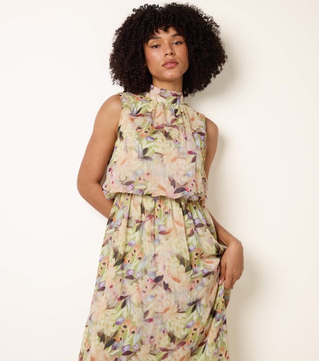 Blue Vanilla Women's Green Floral Print Puffball Waist Midi Dress Blue Vanilla New Look - 2
