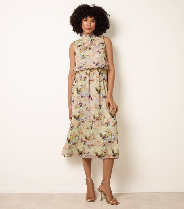 Blue Vanilla Women's Green Floral Print Puffball Waist Midi Dress Blue Vanilla New Look - 3