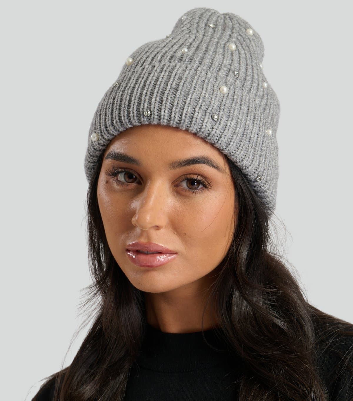 South Beach South Beach Grey Ribbed Beanie Hat with Embellishments