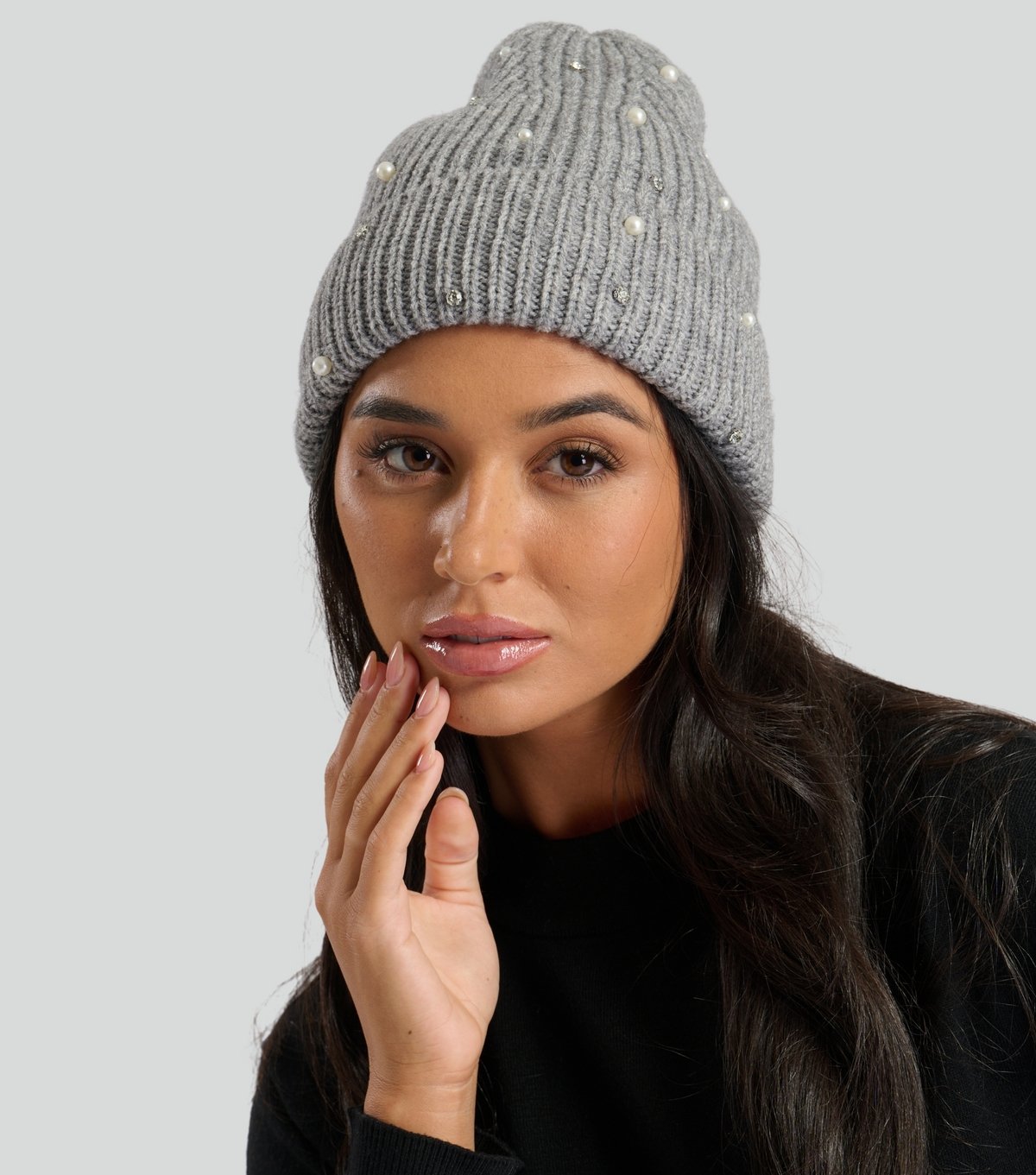South Beach Grey Embellished Ribbed Beanie Hat South Beach New Look - 2