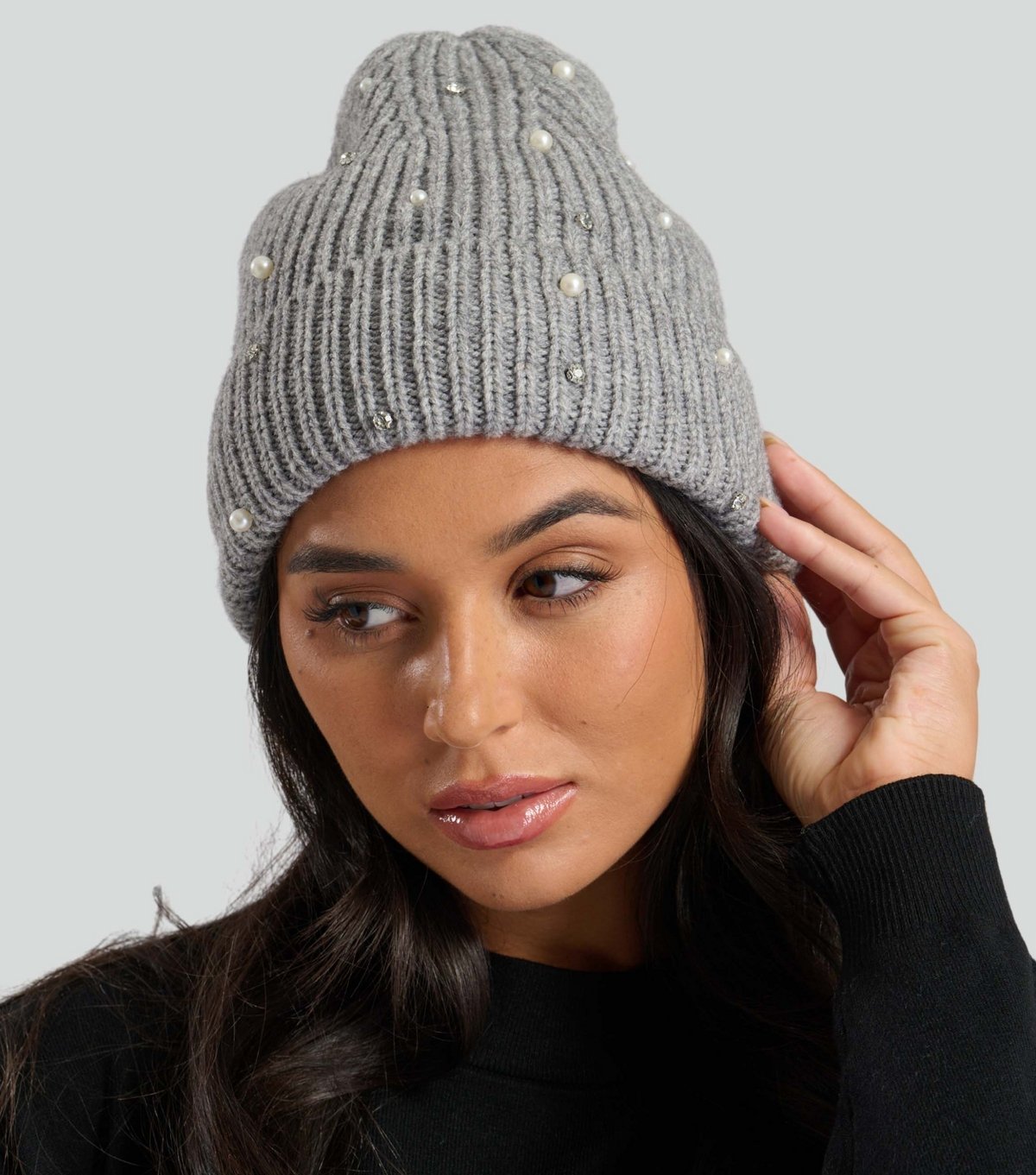South Beach Grey Embellished Ribbed Beanie Hat South Beach New Look - 3