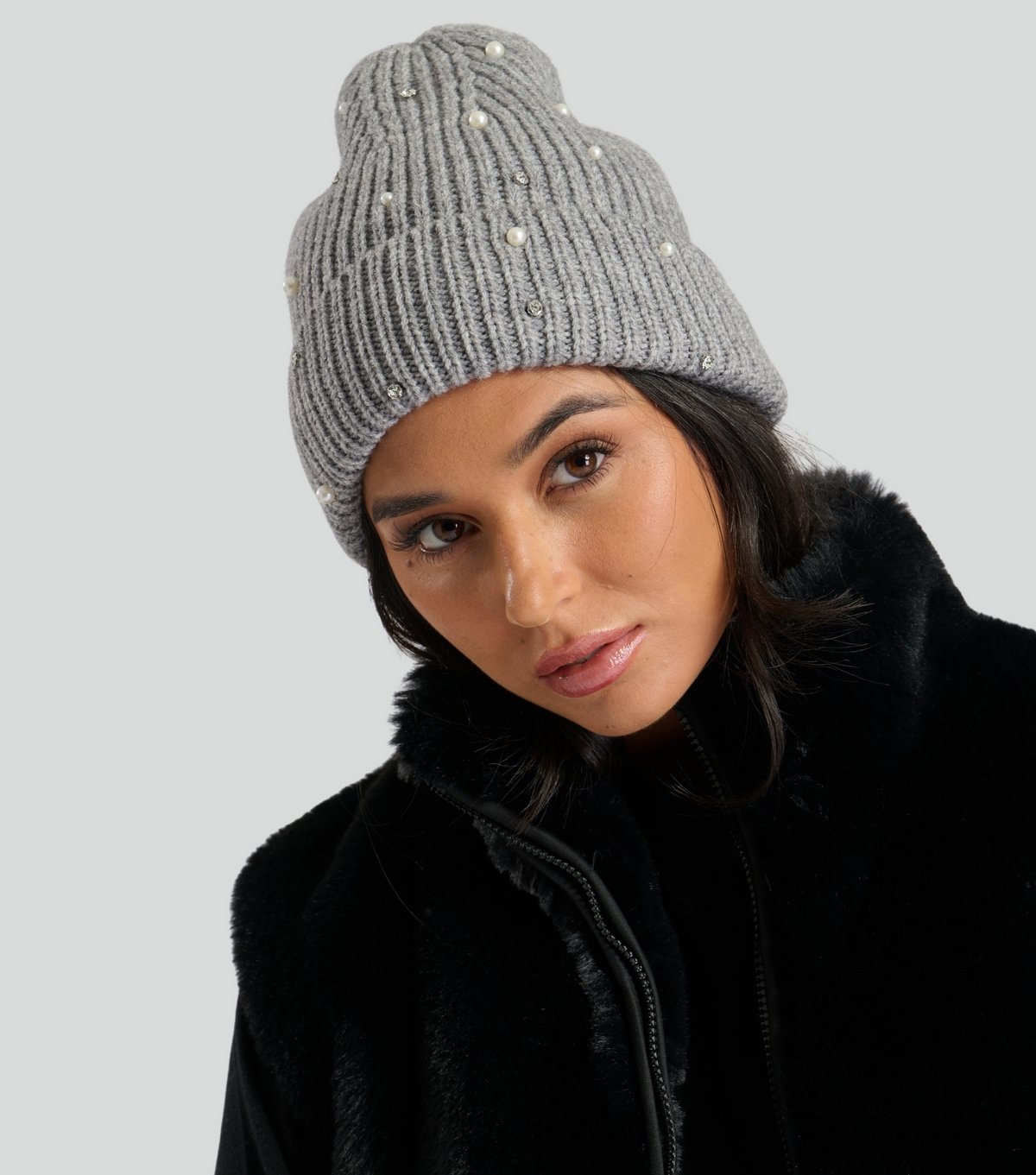 South Beach Grey Embellished Ribbed Beanie Hat South Beach New Look - 4