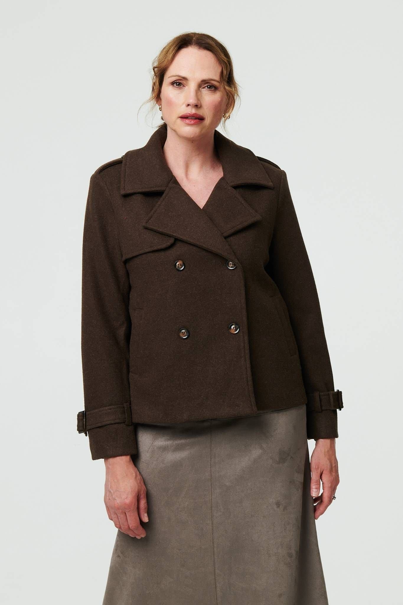 Izabel London Izabel London Women's Textured Button Front Short Trench Coat in Brown