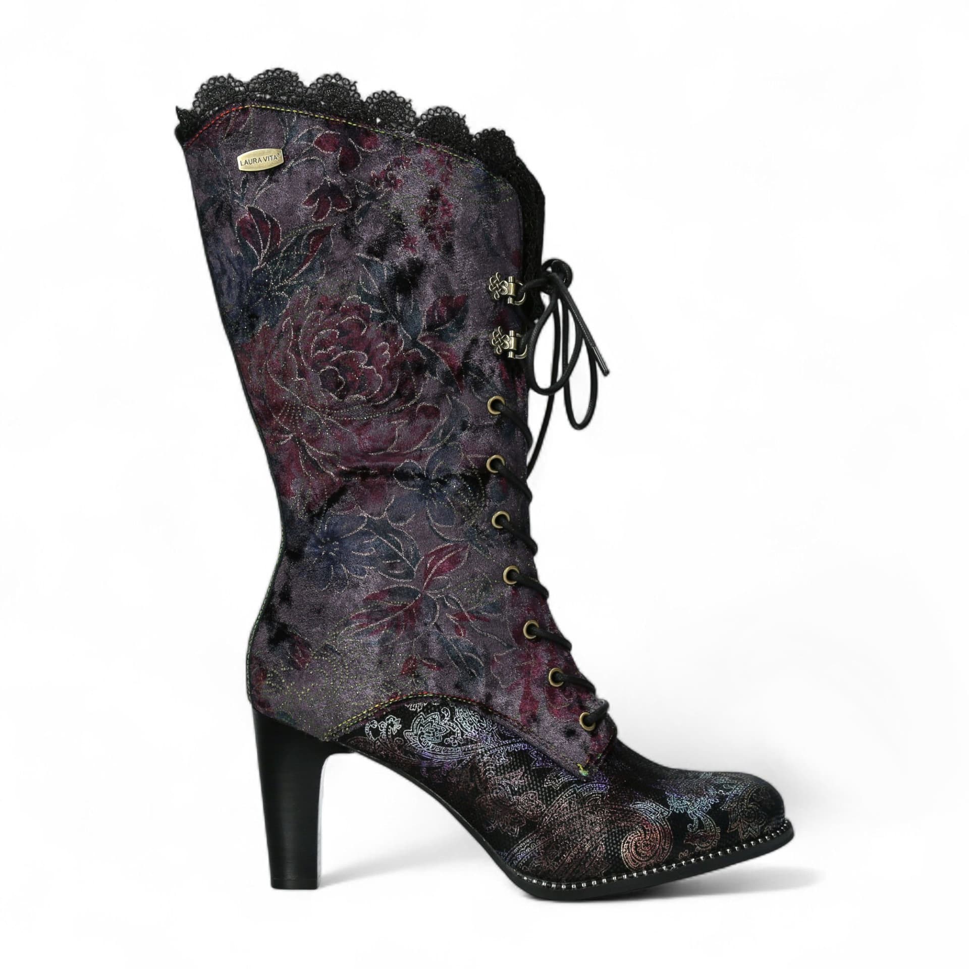 laura vita Laura Vita Women's Alcbane 0351 Floral Gothic Victorian Leather Heeled High Boots in Violet
