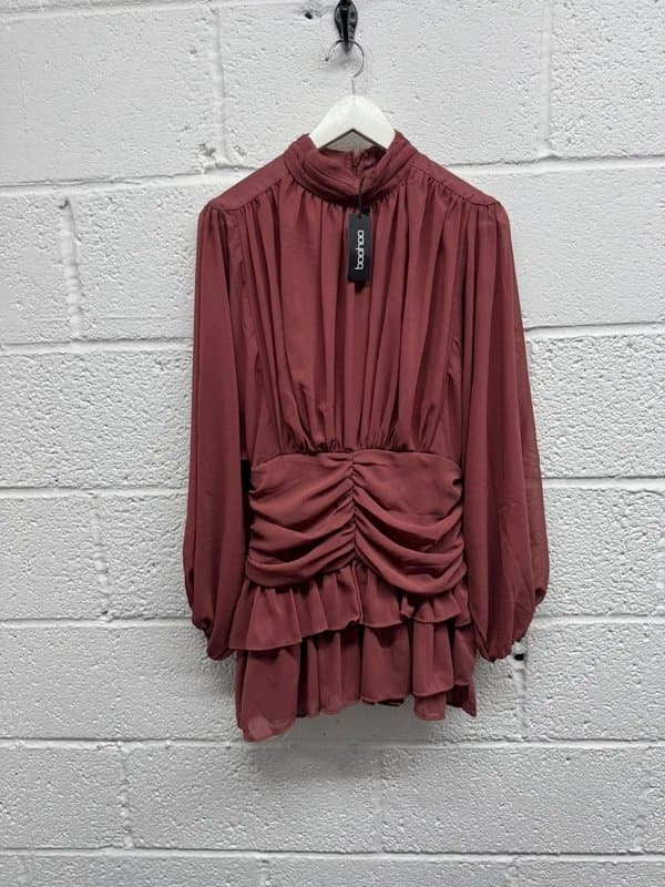 Boohoo Women’s high neck gathered chiffon ruched Mini dress size 10