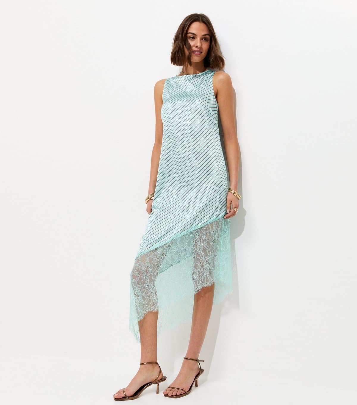 New Look Women's Blue Satin Striped Asymmetric Lace Hem Midi Dress New Look