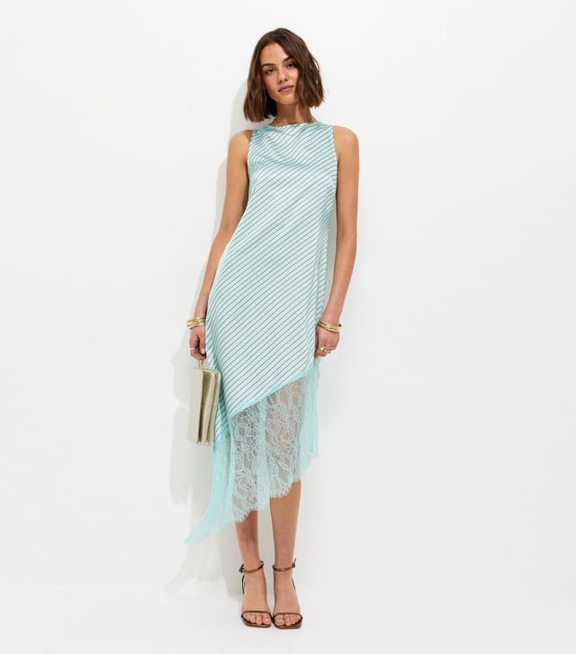 New Look Women's Blue Satin Striped Asymmetric Lace Hem Midi Dress New Look - 3