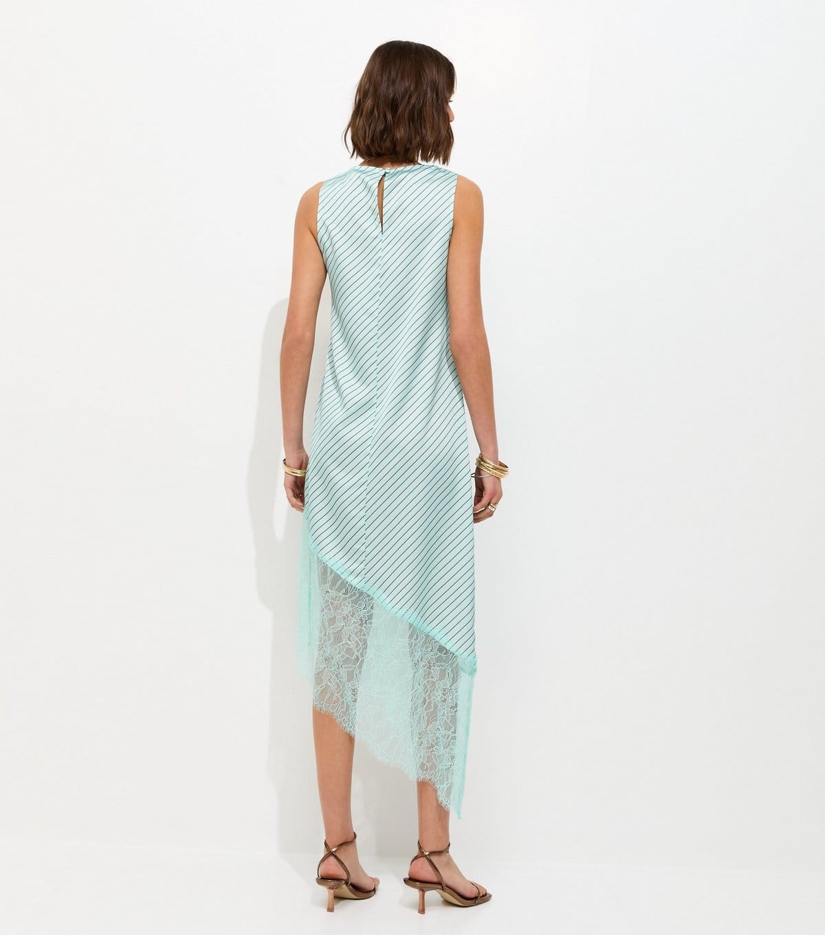 New Look Women's Blue Satin Striped Asymmetric Lace Hem Midi Dress New Look - 4