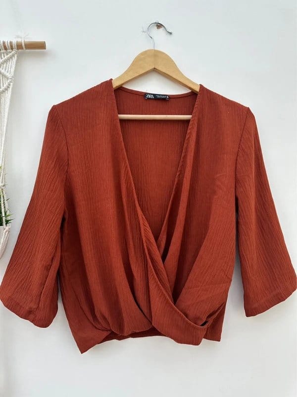 Zara rust orange textured surplice top