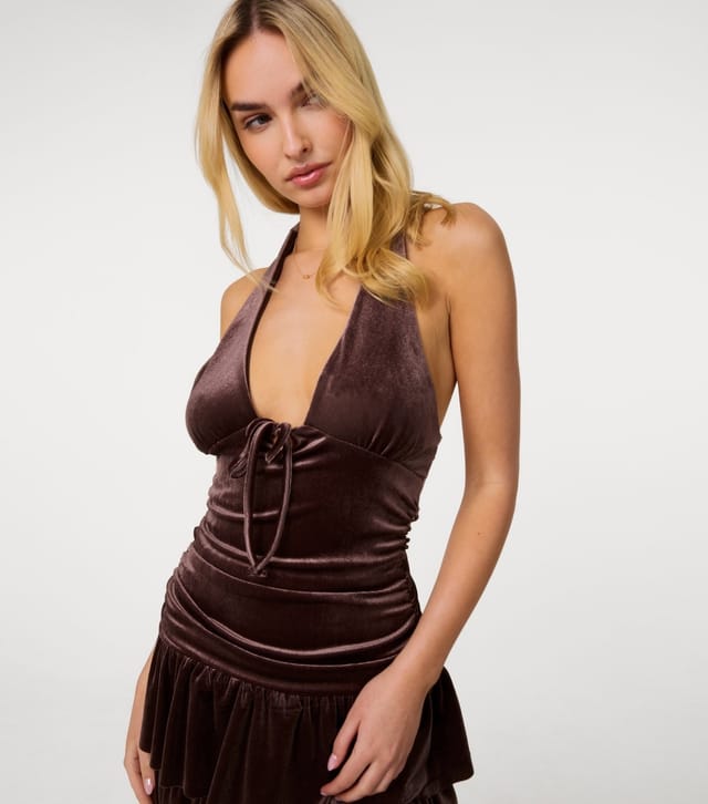Pink Vanilla Women's Dark Brown Velvet Halter Mini Dress Pink Vanilla New Look - 3