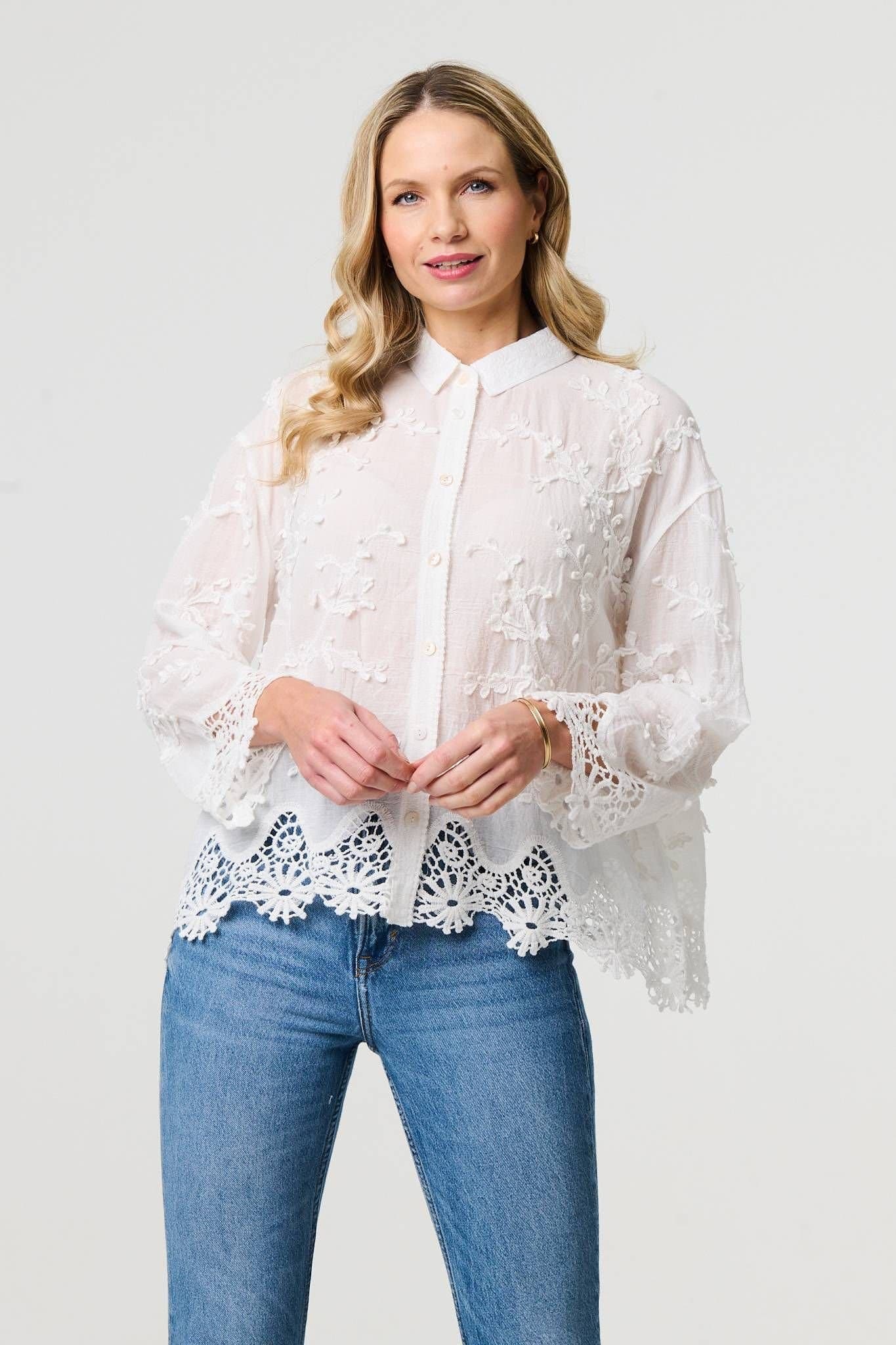 Izabel London Izabel London Women's Embroidered Lace Long Sleeve Shirt in White