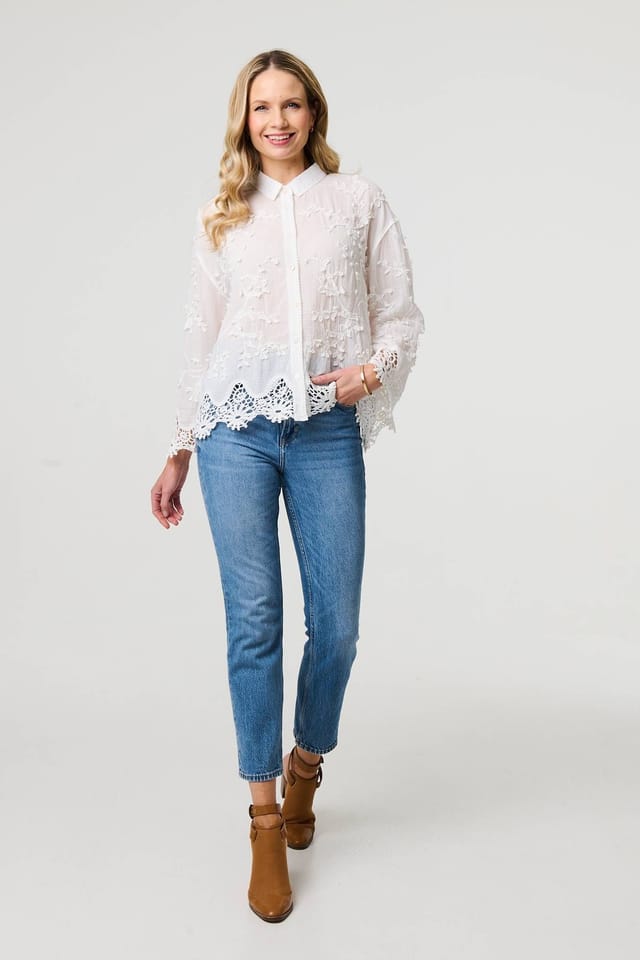 Izabel London Izabel London Women's Embroidered Lace Long Sleeve Shirt in White - 2