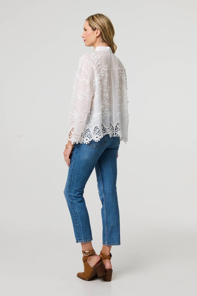 Izabel London Izabel London Women's Embroidered Lace Long Sleeve Shirt in White - 3