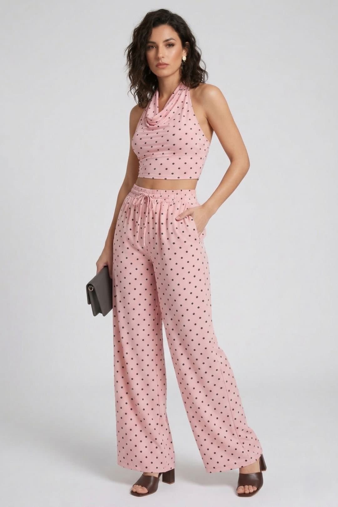 STYLEWISE STYLEWISE Women's Polka Dot Halter Neck Top & Trouser Co-Ord Set in Pink