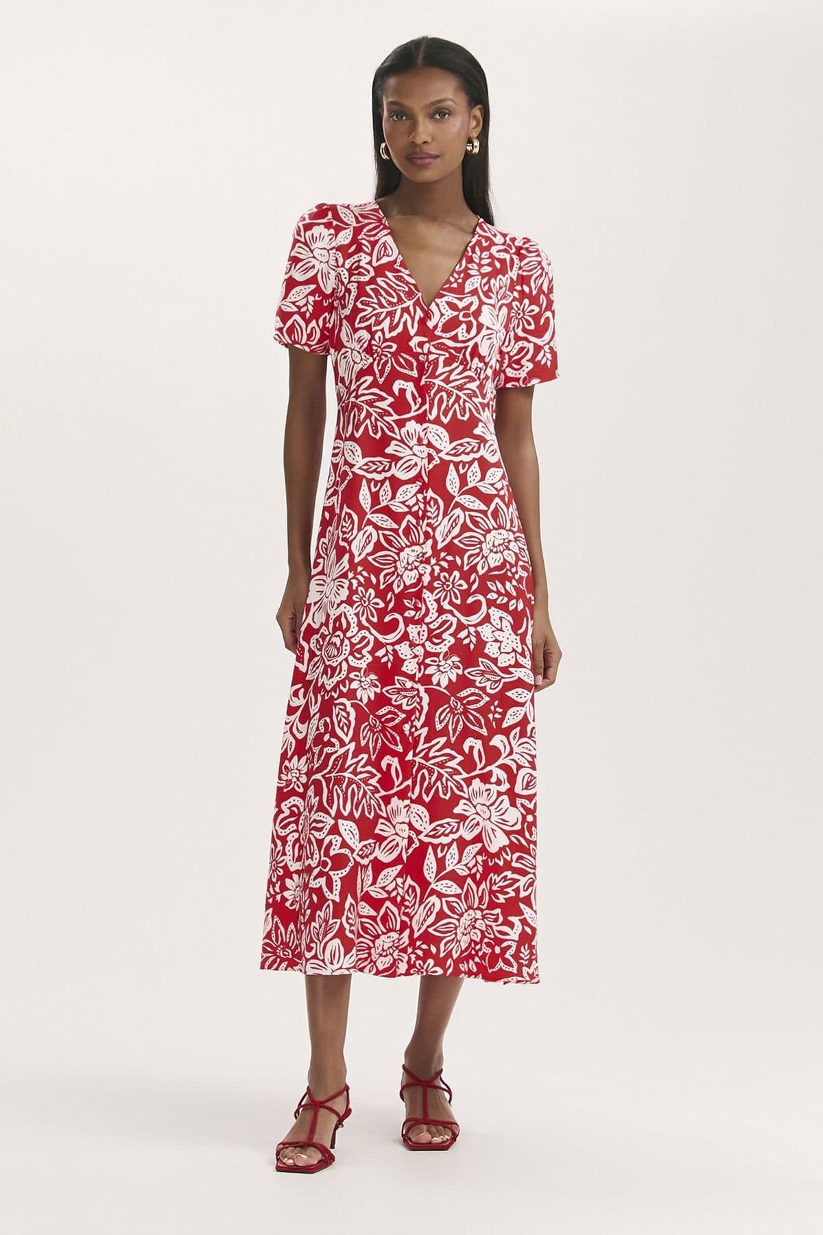 Finery London Finery London Women's Martina Floral Button Through Midi Dress in Scarlet