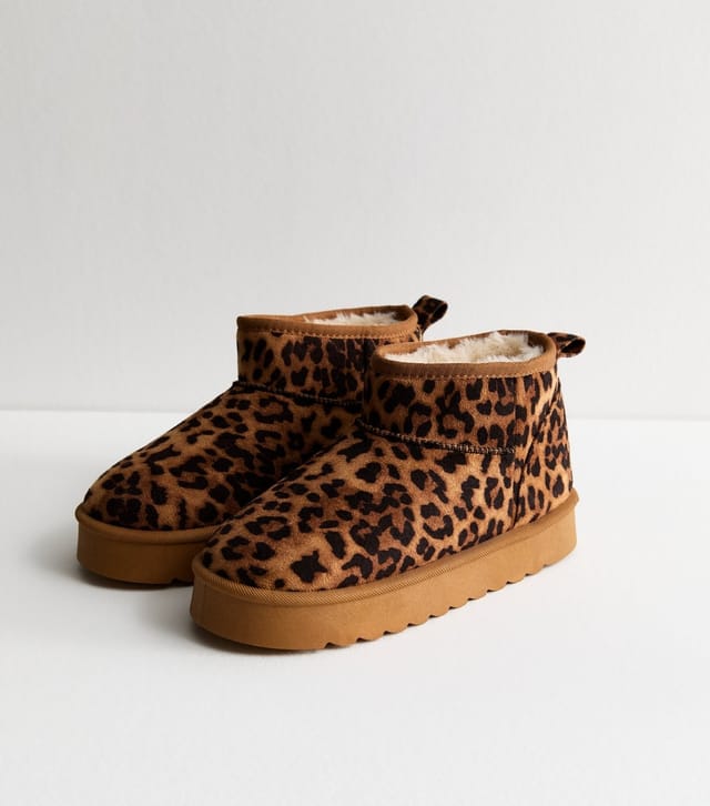 New Look Women's Brown Leopard Print Faux Suede Faux Fur-Lined Chunky Boots Vegan New Look - 3