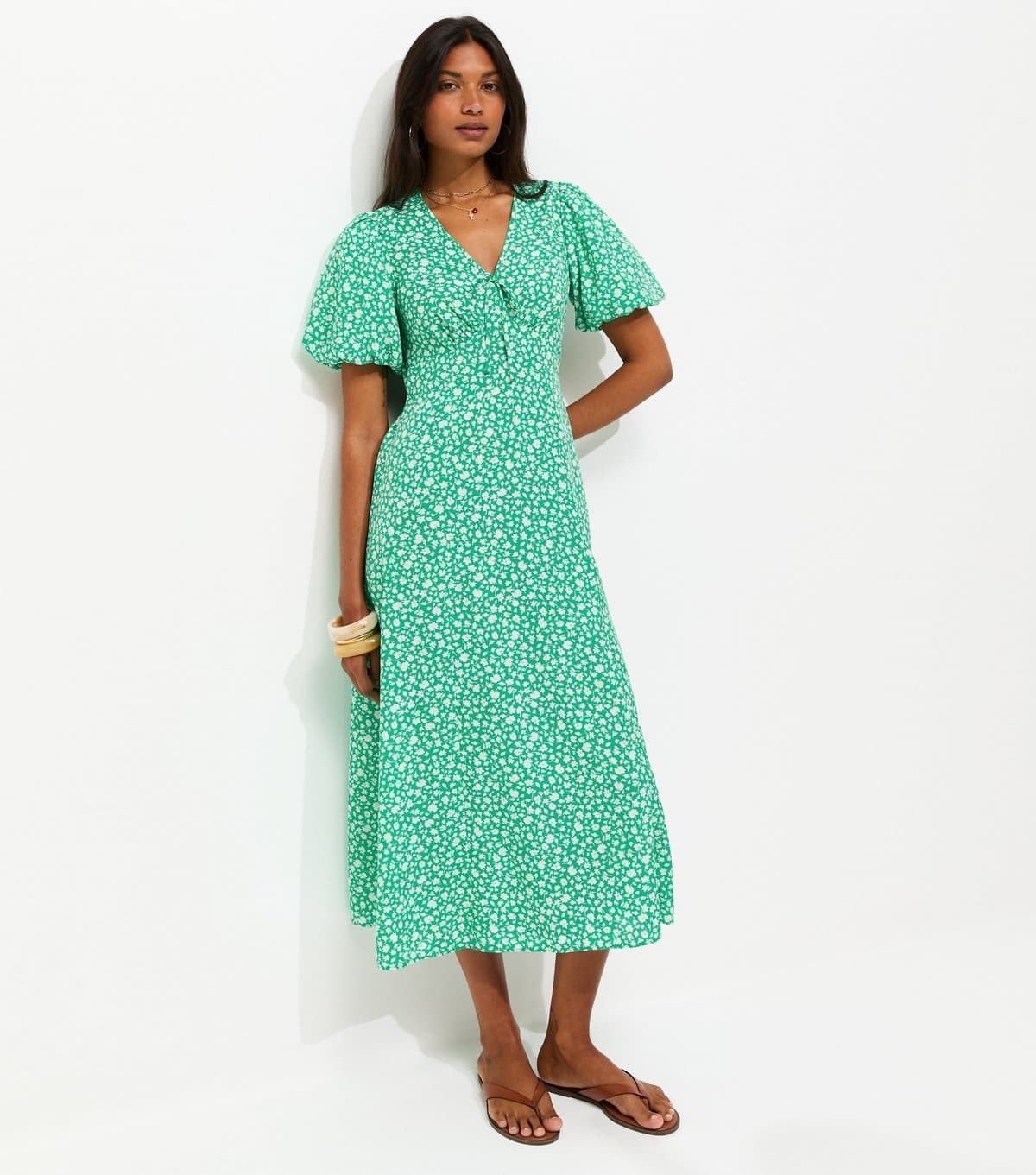 New Look Women's Green Crepe Ditsy Print Puff Sleeve Tie Front Midi Dress New Look