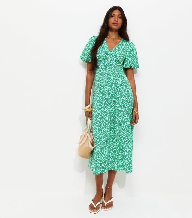 New Look Women's Green Crepe Ditsy Print Puff Sleeve Tie Front Midi Dress New Look - 3