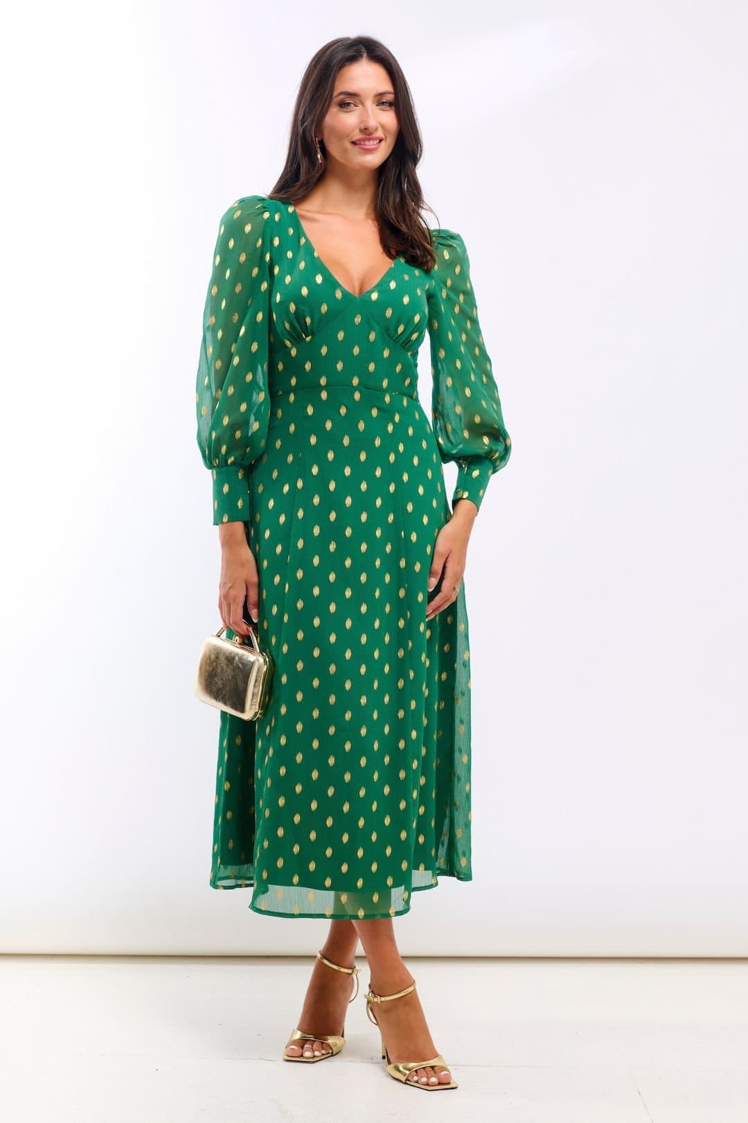 Needs No Label Needs No Label Women's Green Foil Plunge Midi Dress