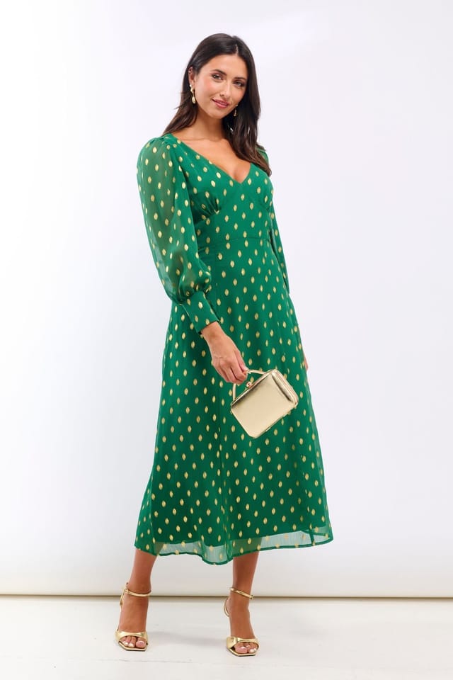 Needs No Label Needs No Label Women's Green Foil Plunge Midi Dress - 2