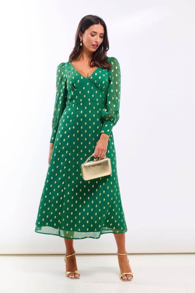 Needs No Label Needs No Label Women's Green Foil Plunge Midi Dress - 3