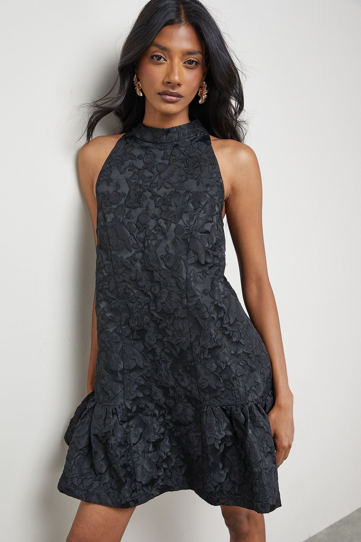 Warehouse Warehouse Women's Jacquard High Neck Drop Hem Mini Dress in Black - 2