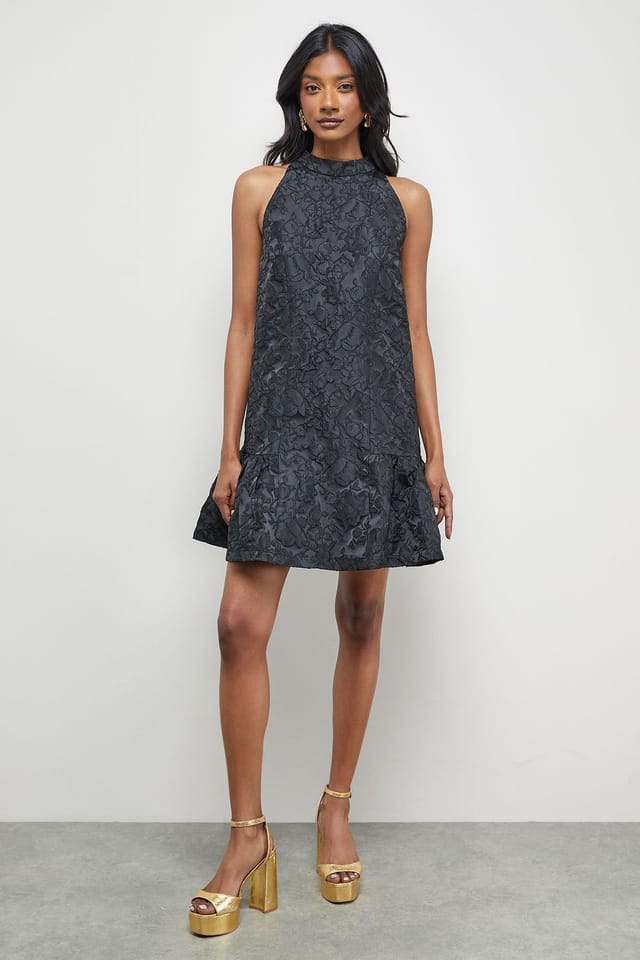 Warehouse Warehouse Women's Jacquard High Neck Drop Hem Mini Dress in Black - 2